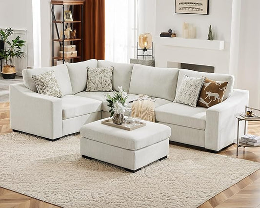 ABCASA 112" Modular Sectional Sofa, Large 5 Seater L Shaped Couch with Detachable Sofa Cover, Movable Ottoman, Deep Seat Corner Couch for Living Room, Apartment - Linen Fabric, Ivory