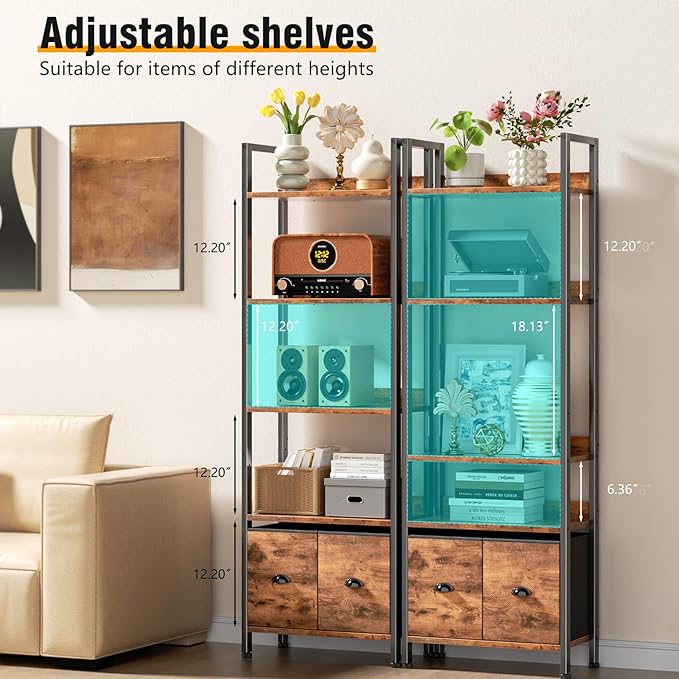 Furologee 5-Tier Bookshelf, Tall Bookcase with 2 Storage Drawers, Adjustable Industrial Display Standing Shelf Units, Wood and Metal Storage Rack for Living Room, Bedroom, Home Office Rustic Brown