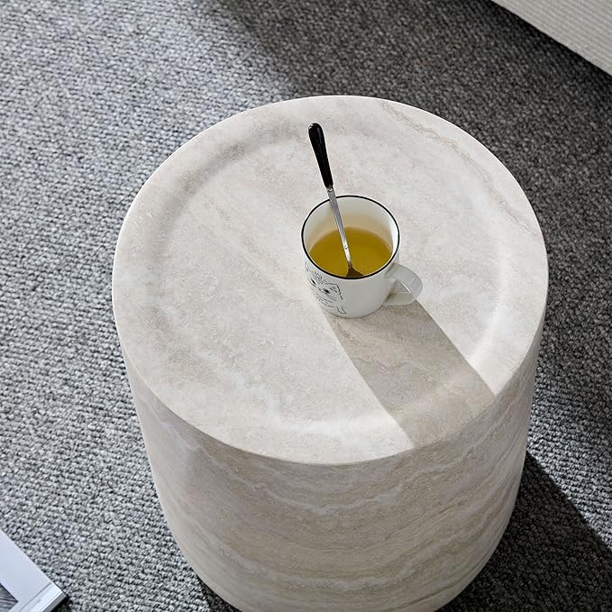 Small Round Coffee Table 15.74" Marble Pattern Drum Shaped End Fiberglass Cocktail Side Table for Living Room Bedroom Office