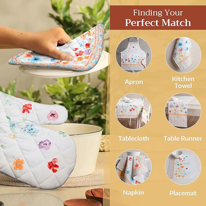 Maison d' Hermine 100% Cotton Oven Mitt & Pot Holder Set (7.5"x13" & 8"x8") Heat Resistant BBQ Cooking Gloves with Loop, Baking, Grilling, Kitchen, Handling Hot Pans Spring/Summer (Summer Whisper)