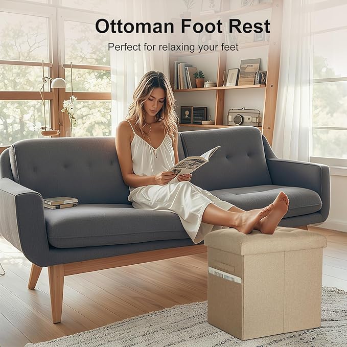 Ottoman with Storage, Small Storage Ottoman Foot Rest with Thicker Foam Padded Seat. 61L Slim Tall Foldable Linen Cloth Foot Stool for Living Room Bedroom, 300lbs Weight Support, 17x13x13IN, Beige