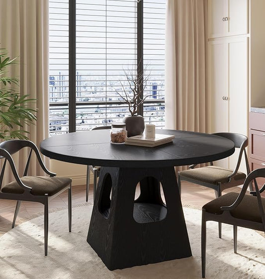 Round Dining Table for 4, Farmhouse 47 Inch Wood Dinner Tables with Storage Base for Kitchen Dining Living Room 4-6 People Gathering, Black