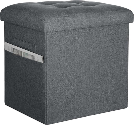 Storage Ottoman with Thicker Foam Padded Seat. 61L Slim Tall Foldable Foot Rest Stool with Linen Fabric, Ottoman with Storage Bench for Living Room Bedroom, 300lbs Weight Support, 17x13x17IN Dark Gray