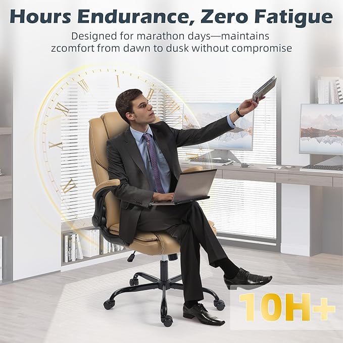 Office Chair - Executive Leather High Back Office Desk Chair with Rocking Function - Ergonomic Breathable Comfortable Wide Swivel Rolling Gaming Computer Chair with Flip-up Armrests & Lumbar Support