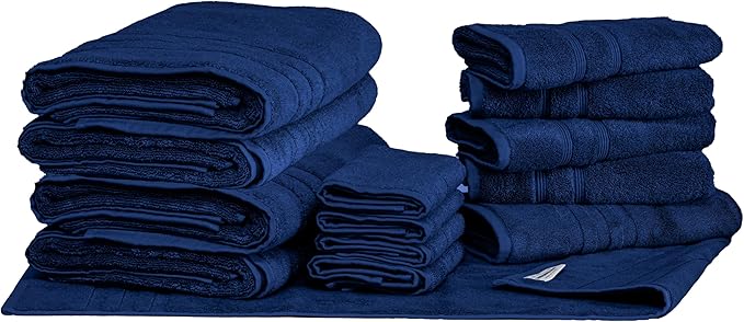 Mosobam Luxury Turkish 14pc Deluxe Bath Bundle Body Hand Face Towel and Mat Navy Blue 700 GSM & 1000 GSM Bamboo Viscose & Aegean Turkish Combed Cotton