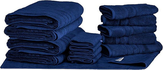 Mosobam Luxury Turkish 14pc Deluxe Bath Bundle Body Hand Face Towel and Mat Navy Blue 700 GSM & 1000 GSM Bamboo Viscose & Aegean Turkish Combed Cotton