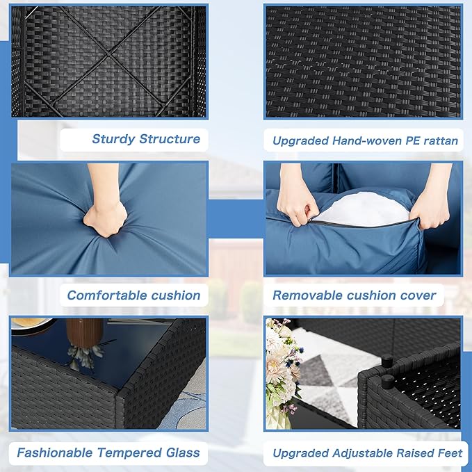 Shintenchi 5 Pieces Outdoor Patio Sectional Sofa Couch, PE Wicker Furniture Sets, Patio Conversation Sets with Washable Cushions Glass Coffee Table for Garden, Poolside, Backyard, Aegean Blue