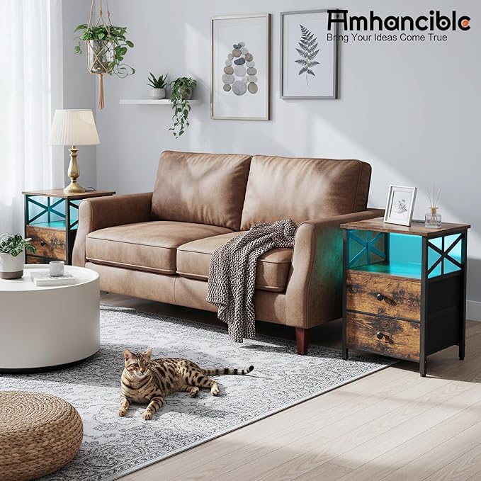 AMHANCIBLE Night Stand Set 2, LED Nightstand with Charging Station, End Tables Living Room with Fabric Drawers, Bedside Table for Bedroom, Rustic Brown, HET052LBR