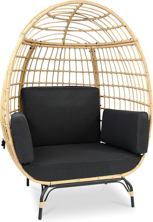 SereneLife Indoor/Outdoor Wicker Rattan Egg Chair with Cushions, Patio Hanging Egg Chair with Steel Frame, Washable Pillows, for Porch, Deck, Garden or Bedroom, 440 lbs. Capacity