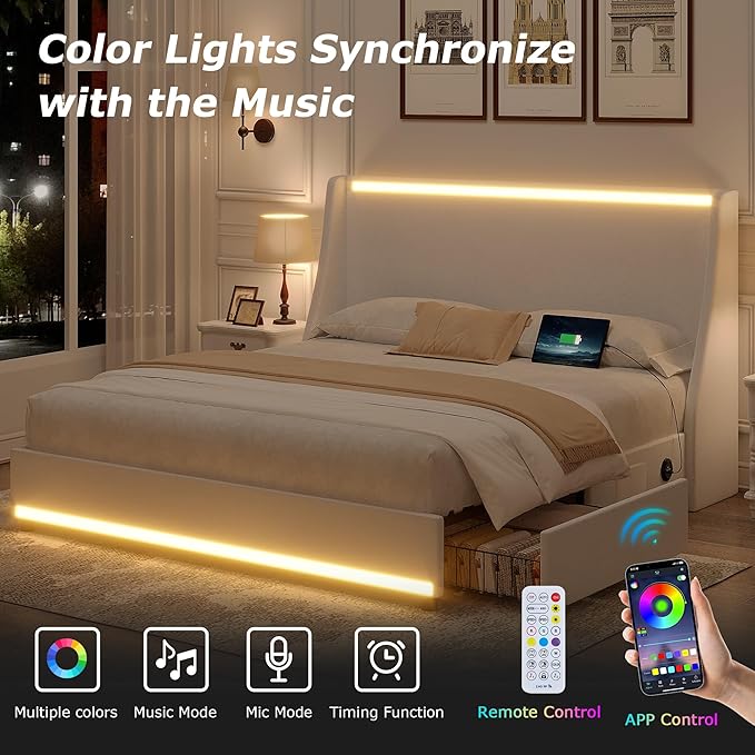 VECELO Queen Size Bed Frame with Storage Drawers, Upholstered Platform Bedframe with Wingback Headboard, No Box Spring Needed, White