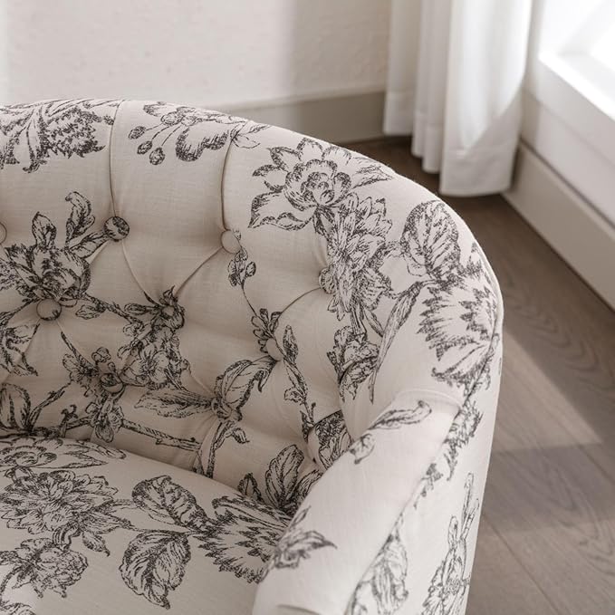 DUOMAY Modern Tufted Dining Chairs Set of 6, Linen Upholstered Side Chair, Comfy Accent Barrel Chair with Wood Legs for Home Kitchen Dining Room Living Room Restaurant, Beige Flower Pattern