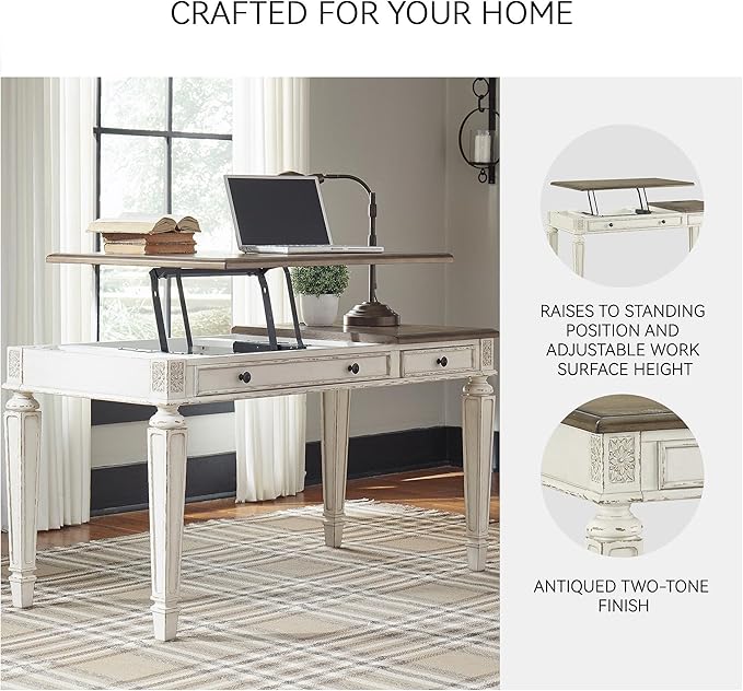 Signature Design by Ashley Realyn French Country 60" Home Office Lift Top Desk with USB Charging, Chipped White