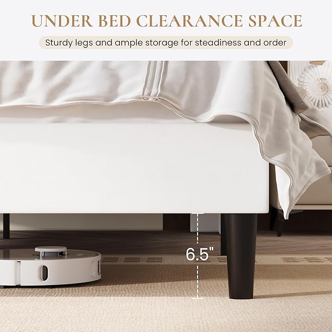 SHA CERLIN King Size Bed Frame with Charging Station, Velvet Upholstered Platform Bed, Wingback Storage Headboard, Type-C & USB Ports, Strong Wooden Slats, No Box Spring Needed, Easy Assembly, White