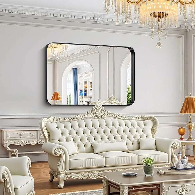 FORBATH 55x36 Inch Large Bathroom Mirror for Double Sinks, Brushed Black Deep Frame Wall Mirror with Rounded Corners, Anti-Rust Tempered Glass for Modern Farmhouse Vanity (Horizontal/Vertical)