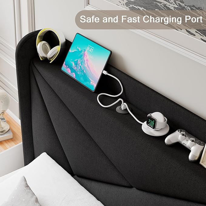 Twin Size Upholstered Bed Frame with Charging Station, Platform Bed Frame with Storage Headboard, Solid Wood Slats Support, No Box Spring Needed, Black