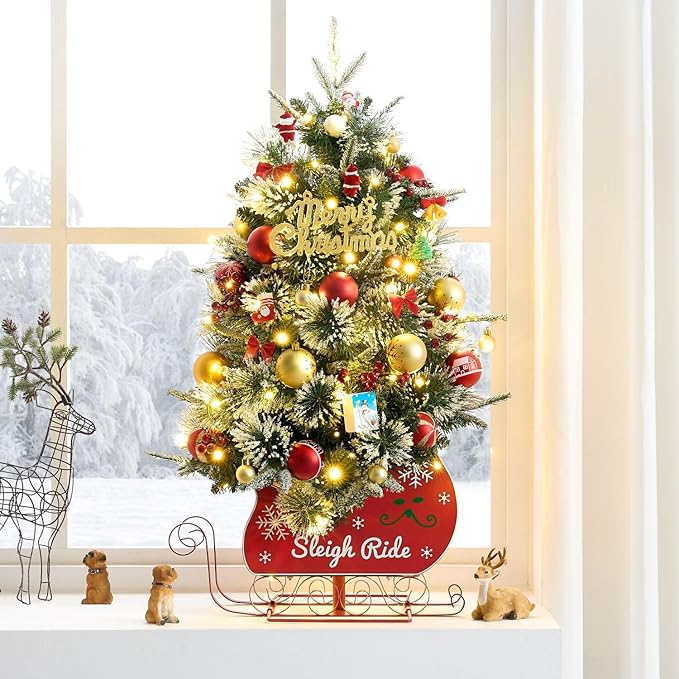 Small 3FT Pre-Lit Snow Flocked Christmas Tree with Twinkling Lights for Home Office Christmas Decor- Battery Operated & Timer (Sleigh Base)
