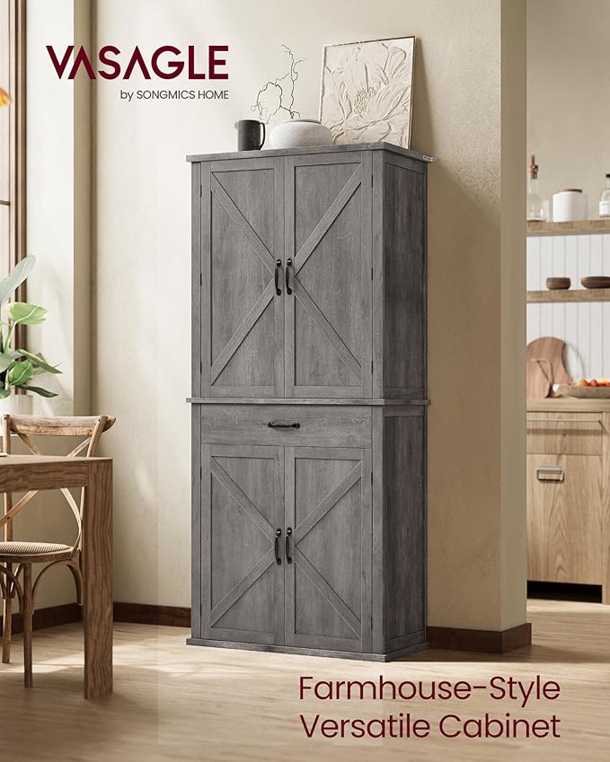VASAGLE LIRY Collection - Pantry Cabinet, 70.3-Inch Tall Farmhouse Kitchen Storage Cabinet with Barn Doors, Drawer, Tray, Adjustable Shelves, for Kitchen, Dining Room, Misty Gray UBBK364G01