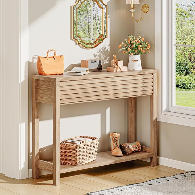 EAG 40" Fluted Console Table with 2 Drawers, Modern Wood 2 Tier Entryway Table with Storage Shelf, Narrow Sofa Tables Behind Couch for Entrance Foyer, Hallway, Living Room, Natural