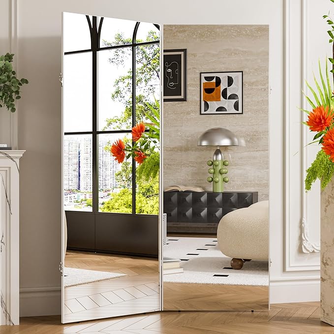 brisafe 360-Degree Folding Full-Length Mirror - 79" x 47"Oversized Anti-Shatter Nano Film Mirror, Space-Saving Foldable Design for Home Gym/Yoga Studio, 60% Commercial Insurance Discount, White