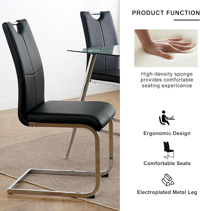 Goujxcy Round Dining Table Set for 4, Modern Glass Kitchen Table and Chairs Set of 4, 5 Piece Dining Room Table Set with 47" Circle Silver Metal Glass Dinner Tables and 4 Black Leather Dining Chairs