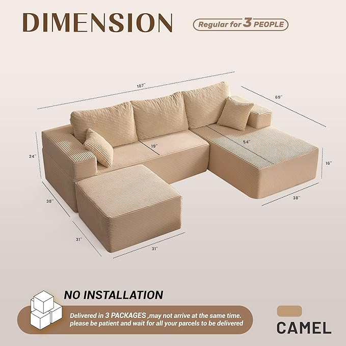 107" Boneless Couch with Deep Seat, Modular Sectional Sofa, Cloud Sectional Couch for Living Room, No Assembly Required, Corduroy, U-Shape 3 Seater Right, Camel