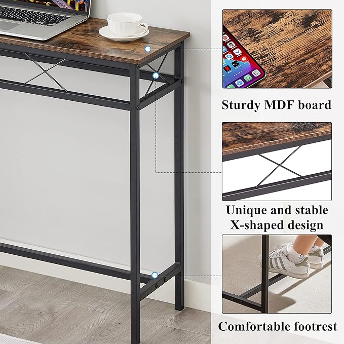 VECELO 39.4In Narrow Sofa/Console Table with Charging Station & Power Outlet and USB Ports, for Entryway, Living Room, Office, Industrial, Metal Frame, 2 Pack, Rustic Brown
