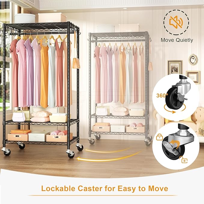 FUTASSI P6 Rolling Clothes Rack Heavy Duty, Clothing Racks for Hanging Clothes, Freestanding Garment Rack with Wheels, Portable Closet Rack Max Load 380 LBS, 35.5'' W x 14'' D x 74.6'' H, Black