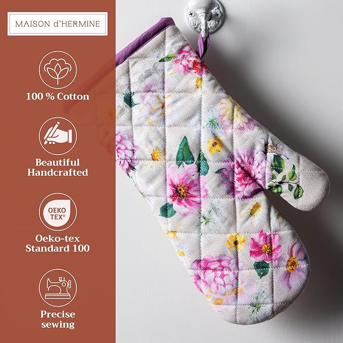 Maison d' Hermine Oven Gloves 100% Cotton Oven Mitt 7" x 13" with Loop Heat Resistant, BBQ, Cooking Gloves, Baking, Grilling, Kitchen, Handling Hot Pans Spring/Summer (Pack of 1, Pivoine)
