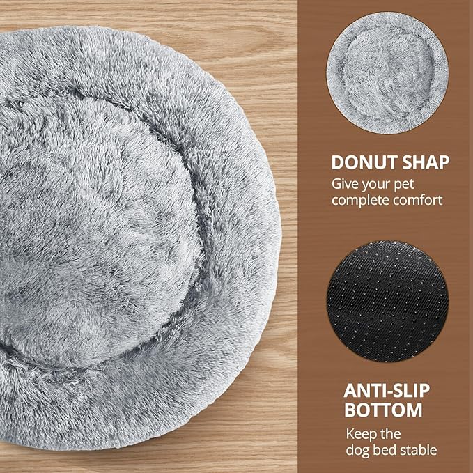 JOLLYVOGUE Medium Calming Dog Bed, Anti-Anxiety Donut Cuddler Cat Bed with Anti-Slip Bottom, Fluffy Faux Fur Machine Washable Pet Cushion for Medium Dog & Cat, 27"/Smoke Gray