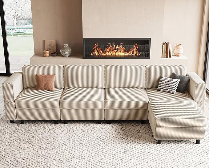 114.2" 5 Seater Modular Sofa with Deep Storage Seat,Corduroy Convertible L Shaped Sectional Couch,Modular Couch with Movable Ottoman Chaise,Upholstered Sectional Couches for Living Room,Beige