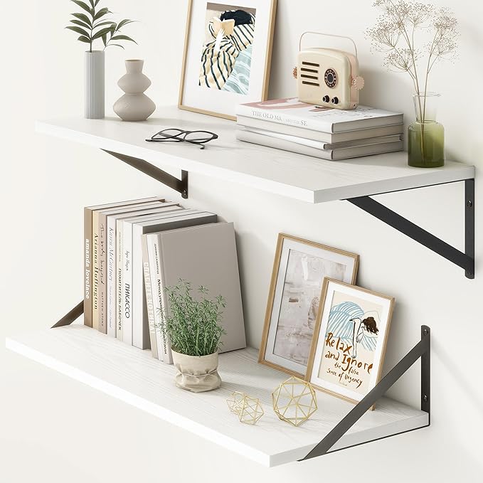 12 Inch Deep Floating Shelves, 30W x 12D Wall Shelves with Brackets, White Floating Shelves 30 Inch Long, Rustic Wood Wall Shelf, Wide Storage Display Shelf for Kitchek, Living Room, Bathroom