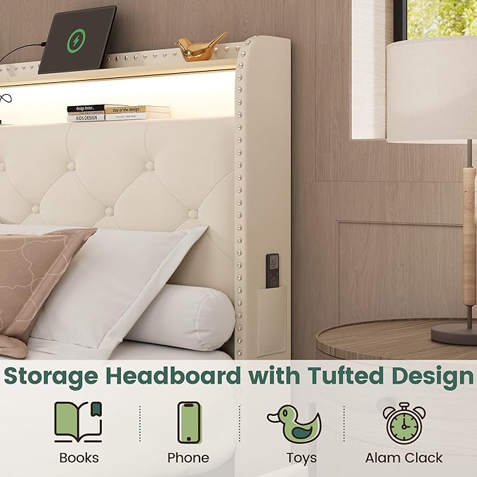 LARMACE Queen Size Bed Frame with 4 Storage Drawers and Charging Station, Velvet Upholstered Platform Bed Frame with LED Headboard, Noise Free, Easy Assembly, Beige