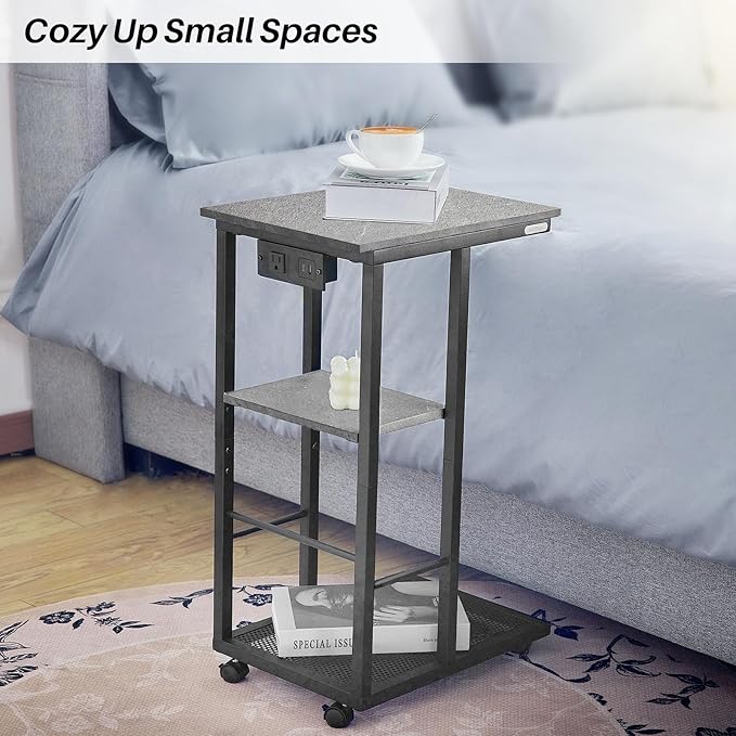 Redlife C Shaped End Table, Small Side Table for Couch C Tables with Charging Station, End Tables with Wheels & Adjustable Fee, Rolling Side Table for Living Room Bedroom (Grey Marble)