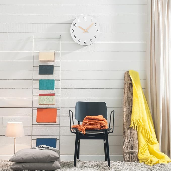 Plumeet 16'' Extra Large Wall Clock Frameless Wooden Clocks with Silent Quartz Movement - Modern Style Village Wall Clocks Decorative Home Kitchen - Battery Operated (White)