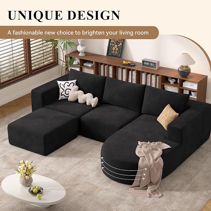 Boneless Couches for Living Room 104",Modular Sectional Sofa with Ottoman,Cloud Couch in a Box,Sponge Compression U Shaped Sofas with Chaise No Assembly Required(Black-Corduroy Fabric) 1pcs