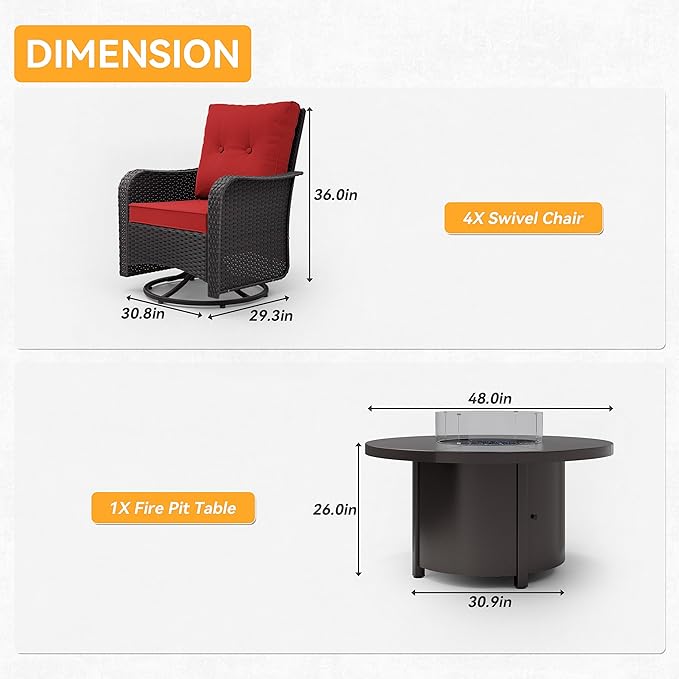 Kurapika 5 Pieces Patio Furniture Set, Rattan Wicker Outdoor Conversation Sets, 4 Woven Rattan Swivel Chairs w/48in Propane Fire Pit Table and Thickened Cushions, Red