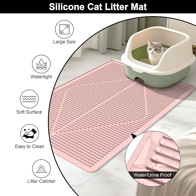 Mofason Cat Litter Mat XXL - Waterproof Kitty Litter Box mat for Floor - Extra Large Pet Trapping Litter Rug Pad - Silicone Cat Supplies & Accessories for Indoor Cats (38" x 25") -Pink