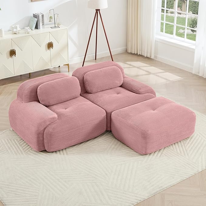 Pink Ottoman for Modular Sectional Sofa, Corduroy Deep Seat for Oversized Compressed Boneless Sectional Couches for Living Room Bedroom Apartment, Cloud Sofa Couch, Memory Foam, No AssemblyPink