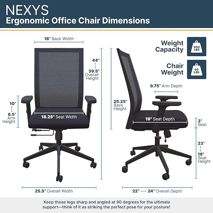 Nexys Home Office Desk Chair, Adjustable Tilt, Height Adjustable Armrests, High Mesh Back Variable Height, Rolling Work Swivel Chairs with Wheels, Comfortable for Long Hours, Onyx | Vinyl