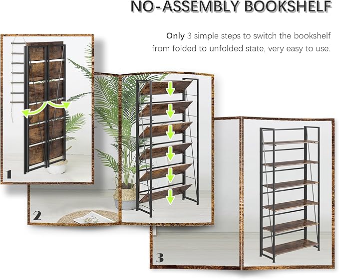 4NM No Assembly Folding Bookshelf, 6-Shelf 74" H Collapsible Foldable Bookcase Storage for Small Spaces, Rustic Brown and Black