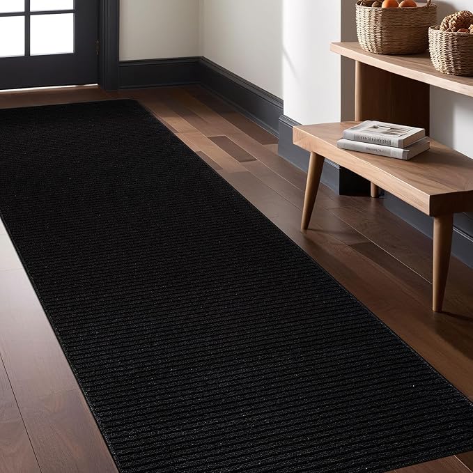 Non Slip Black Solid Rubber Back Thing Runner Rugs for Living Room 2x10 for Kitchen, Rug for Bedroom and Hallway, Stain Resistant Easy Cleaning Non Shedding Carpet Black 2 x 10