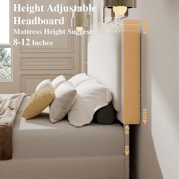 Full Bed Frame, Boucle Platform Bed with Adjustable Upholstered Headboard, No Box Spring Needed, Easy Assembly, White