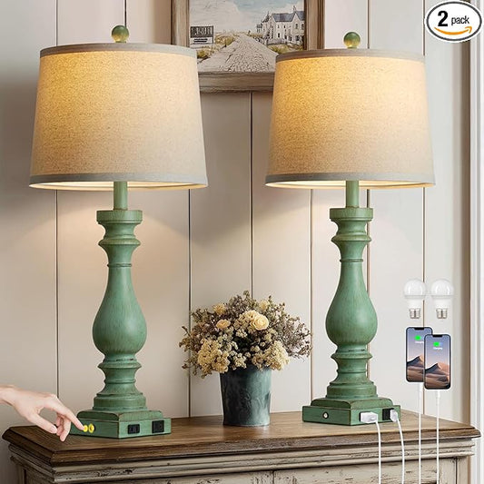 29" Tall Vintage Table Lamps Set of 2,Retro Green Bedside Lamps with USB C+A Ports & AC Outlet,3-Way Dimmable Touch Lamp for Night Stands Living Room Bedroom,Green