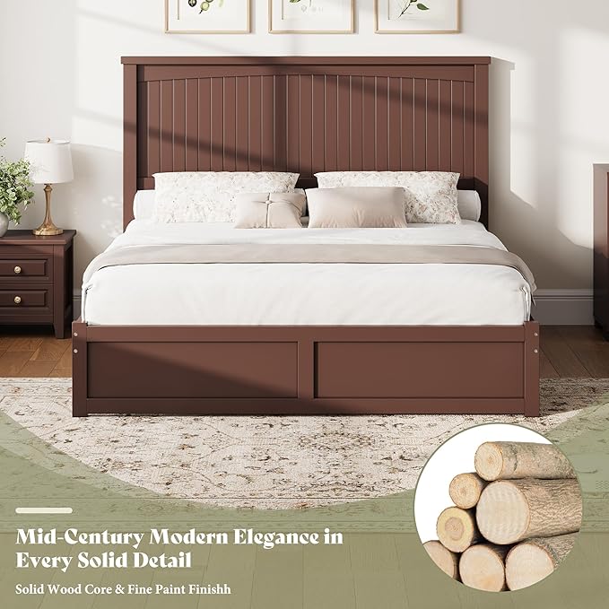 AMERLIFE Queen Size Solid Wood Bed Frame with 50" Tall Headboard, Mid-Century Modern Bed with Storage, Wooden Platform Bed Frame with 2 Drawers, No Box Spring Needed, Espresso