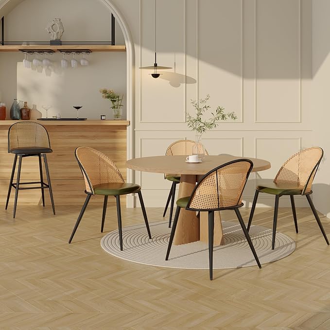 TYBOATLE Rattan Dinner Chairs Set of 4 with Faux Leather Cushion, Modern Dining Room Chairs w/Adjustable Foot Pads, Kitchen Boho Mid Century Upholstered, Green