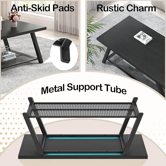 FOLUBAN Black Coffee Table, Modern Rustic Wood and Metal Living Room Table with Storage Shelf, Industrial Rectangle Cocktail Tea Table, 47 Inch