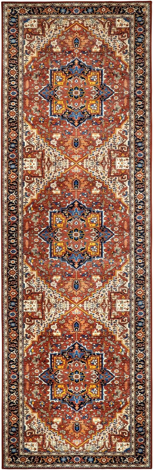 Moynesa Ultra-Thin Washable Runner Rug - 2'6"x8 Non-Slip Kitchen Runner, Non-Shedding Stain Resistance Low Pile Bedroom Mat Indoor Accent Carpet Runner for Bathroom Hallway, Brown/Multi