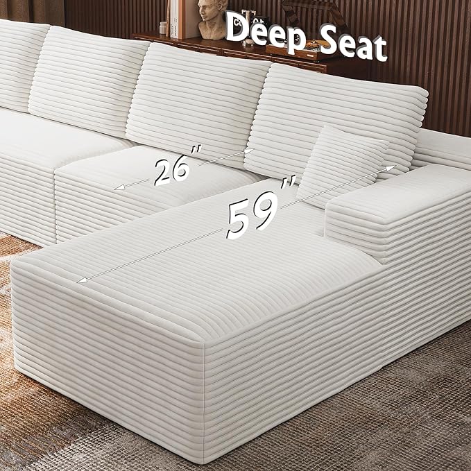 3-Piece Boneless Modular Sectional Sofa, Cloud Couch with Right Facing Chaise, Oversized Deep Seat, Soft Corduroy Fabric, Sectional Couch for Living Room-White
