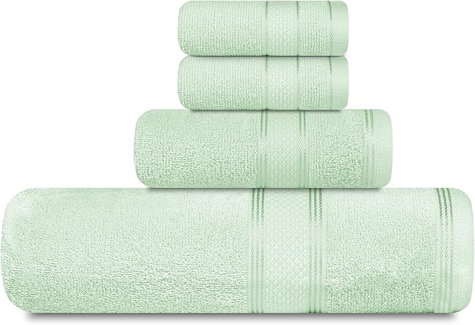 Casa Lino 100% Cotton Bath Towels Set of 4 (1 Bath Towel, 1 Hand Towel & 2 Wash Cloths) - Bathroom Towels and Washcloths Set - Complete Bathroom Set - Guest Room Essentials - (Light Sage Green)