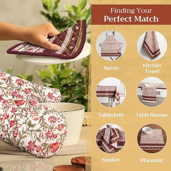 Maison d' Hermine 100% Cotton Oven Mitt & Pot Holder Set (7.5"x13" & 8"x8") Heat Resistant BBQ Cooking Gloves with Loop for Thanksgiving Christmas Decorations Handling Hot Pans (Reveillon Au Jardin)